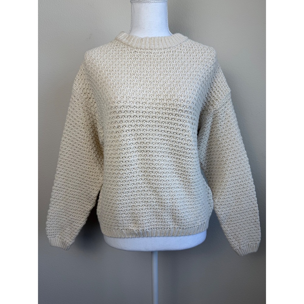 Universal Thread Womens S Cream Chunky Cotton Knit Fisherman Sweater Pullover